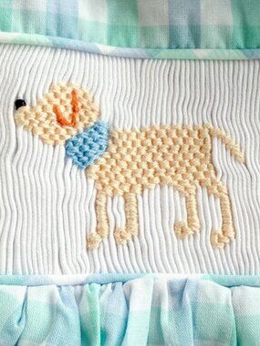 Stitchy Fish Smocked Dog Dress Baby Girl 18 Mos Aqua Blue Gingham Cotton NWT